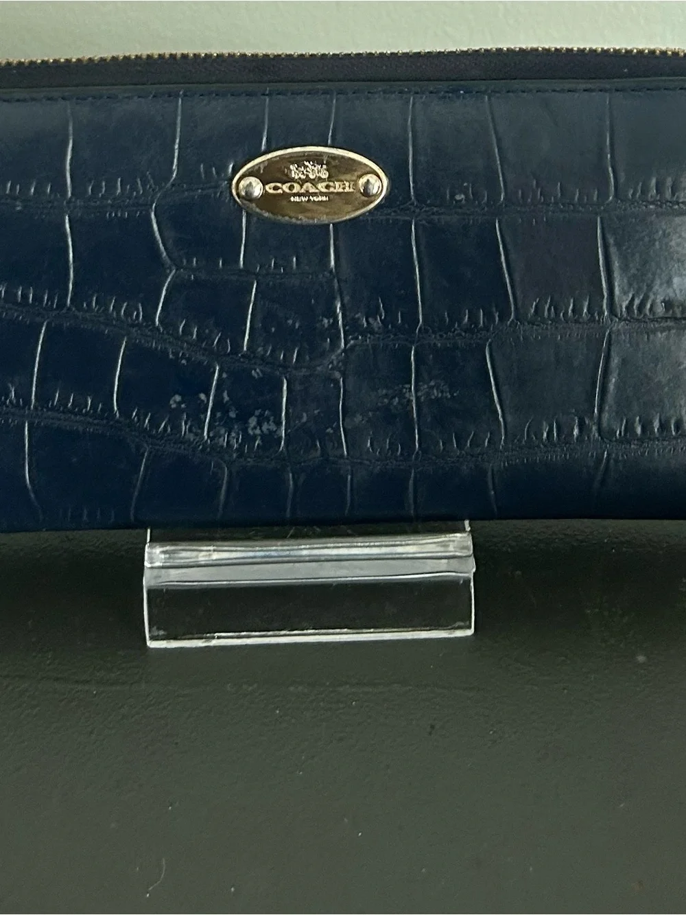 Coach Navy Croc Embossed Leather Zip Around Continental Wallet